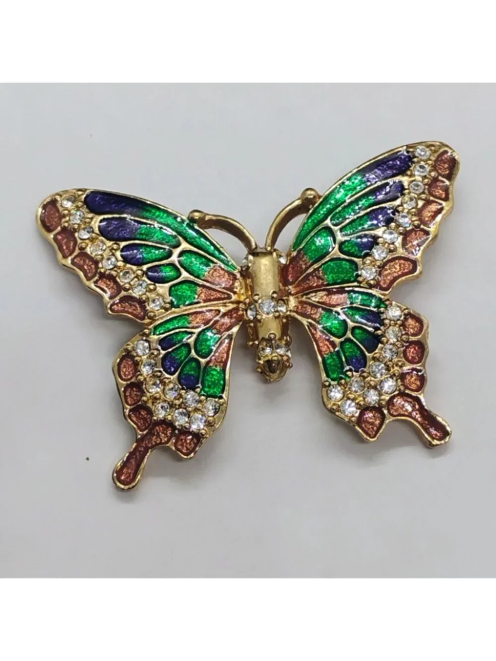 Colorful Enamel Rhinestone Butterfly Brooch Large 2" Blue Green Gold Tone - Picture 2 of 5